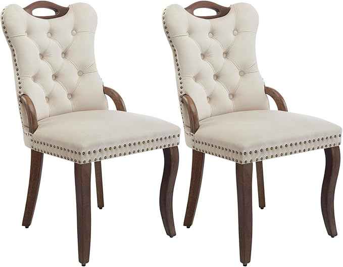 Beige Velvet Dining Chairs Set of 2,Modern Upholstered Dining Room Chairs with Tufted Back and Wood Handles, Curved Solid Wood Legs, Sillas de Comedor