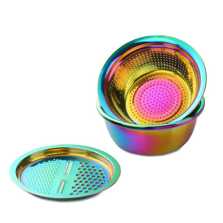 3-In-1 Multifunctional Grater Basin Colander Strainer Set, Mingcheng Stainless Steel Kitchen Grater/Drain Basket/Bottom Basin for Washing Rice, Fruits, Vegetable, Grater with Container (Rainbow) (3 Count)