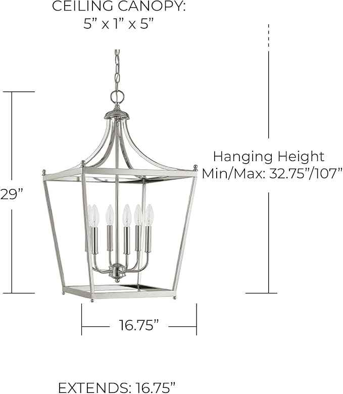 Capital Lighting 9552PN Stanton Geometric Metal Open Frame Lantern Foyer Pendant, 6-Light 360 Total Watts, 29" H x 17" W, Polished Nickel