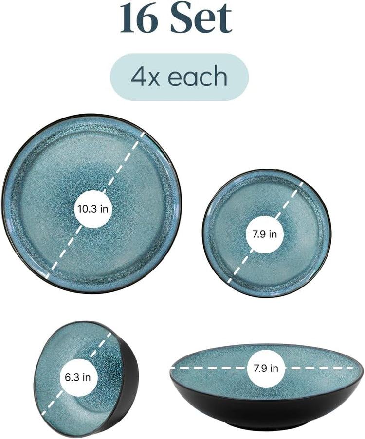 16 Piece Dinnerware Sets for 4 - Modern Style Stoneware Dinnerware Set - Scratch Resistant, Dishwasher Safe Plates and Bowls Sets Ceramic, Dish Set, Bowl and Plate Set - Black and Petrol Blue…
