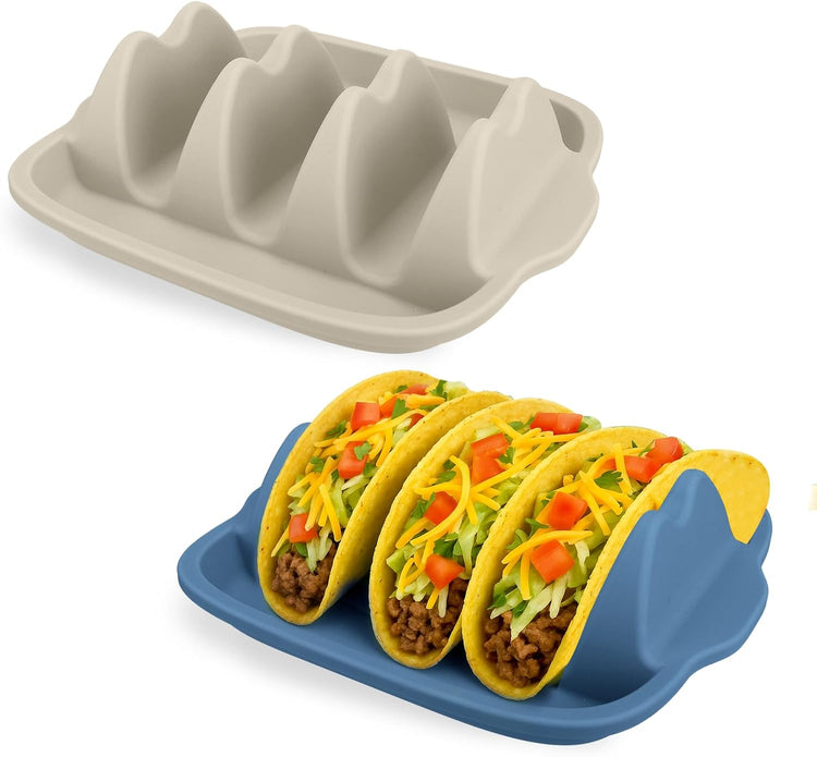 Silicone Taco Holders Set of 2 - Reusable Taco Stand with Dividers for Hard/Soft Shells, Microwave & Dishwasher Safe, Non-Slip Taco Serving Plates for Taco Tuesday, Party, Fiesta(white + navy)