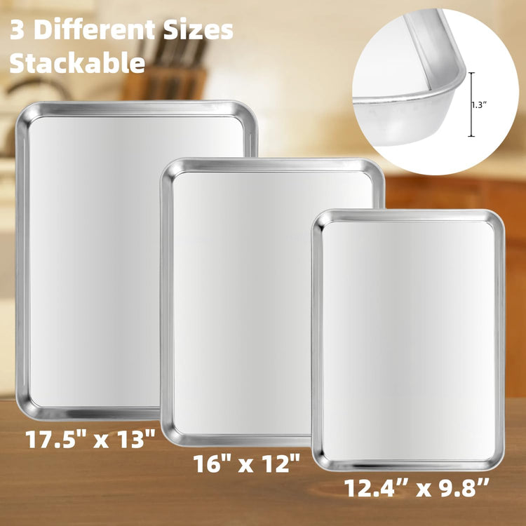 Baking Sheet Set of 3, Heavy-Duty Stainless-Steel Baking Pans, Cookie Sheets Cooking Trays for Oven, 3 Different Sizes (12/16/17.5 Inch)