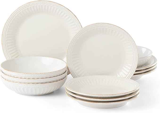 Lenox 891196 French Perle Groove White 12-Piece Pasta Bowl Dinnerware Set, Service For 4
