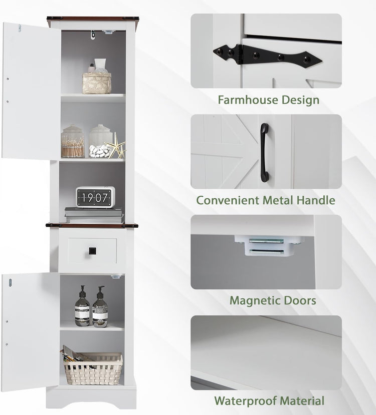 JOMEED Tall Bathroom Storage Cabinet, 68" Farmhouse Linen Tower with Adjustable Shelves & Drawer, Rustic Narrow Storage Cabinet for Bathroom