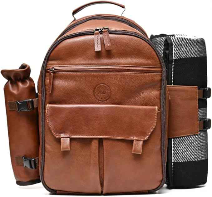 Premium Collection Genuine Leather Picnic Backpack for 4 with Insulated Compartment, Blanket, Stainless Steel Cutlery, Plates, Glasses, Luxury Gift for Men & Women, Outdoor Dining, Brown