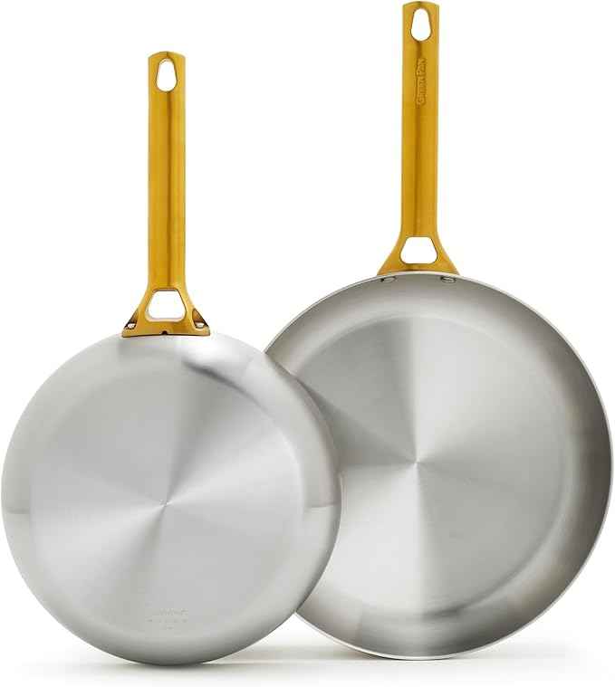 GreenPan Stainless Steel Tri-Ply Reserve 10” and 12” Frying Pan Skillet Set, Multiclad Cookware, Induction, Oven & Broiler Safe to 600°F, Heat Responsive Core, Dishwasher Safe, Gold Handles