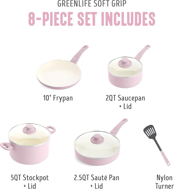 GreenLife 8 Piece Nonstick Cookware Set, Non-Toxic PFAS-Free Ceramic Pots & Pans, Dishwasher & Oven Safe, Frying, Sauce, Stock Pot, Glass Lids, Stay-Cool Handles, Wobble Free, Light Pink