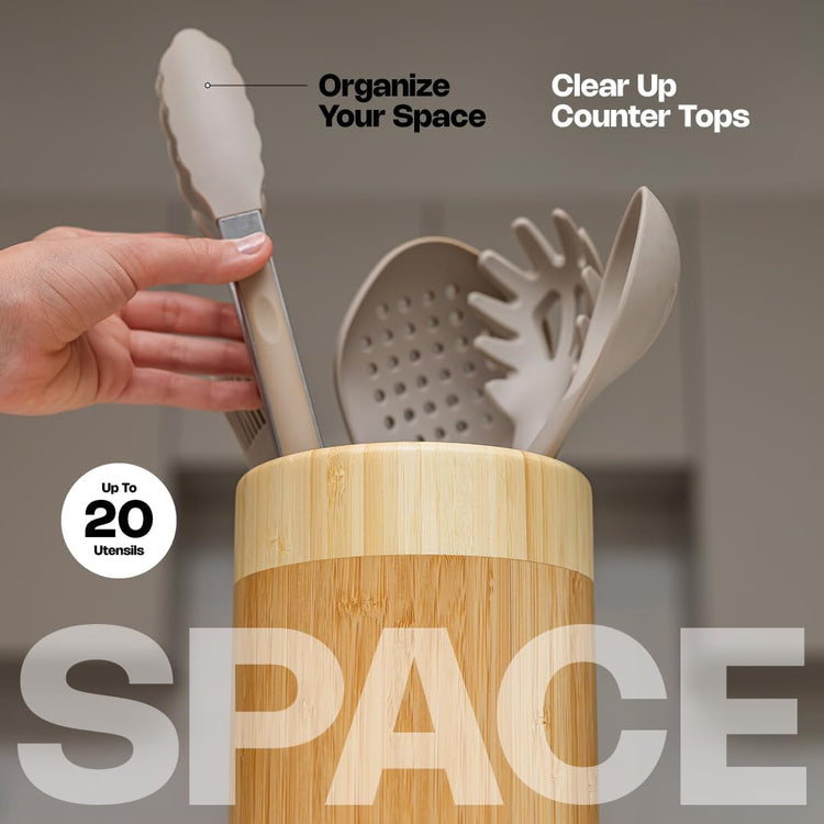 Samma Bamboo Utensil Holder - 8" Rotating Wooden Utensil Holder for Kitchen Counter - Space-Saving Utensil Organizer