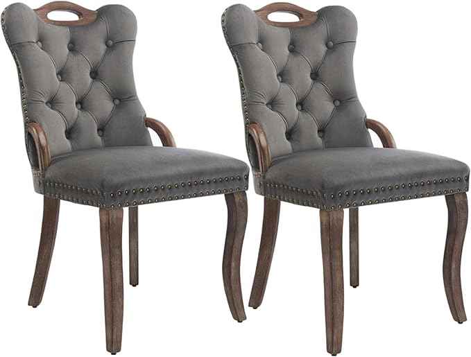 Grey Velvet Dining Chairs Set of 2,Modern Upholstered Dining Room Chairs with Tufted Back and Wood Handles, Curved Solid Wood Legs, Sillas de Comedor