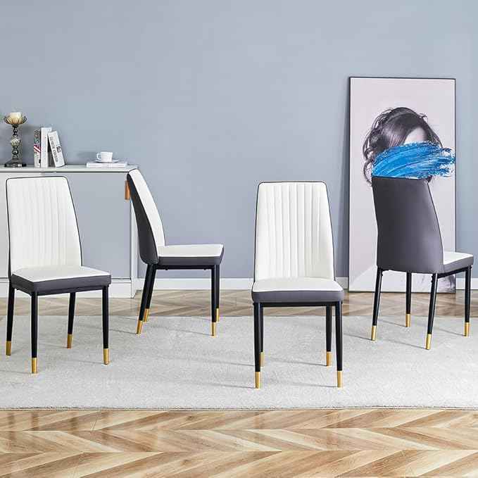 Modern Dining Chairs Set - Off-White PU Leather Armless Chairs with Metal Legs for Dinner Room, Office, Waiting Room (Set of 4)