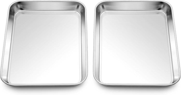 Homikit 2 Pack Baking Sheet, 9 x 7 Inches Stainless Steel Cookie Tray Set for Cooking Toasting, Mini Metal Cookie Toaster Oven Baking Pan Non Stick, Rustproof & Mirror Finish, Dishwasher Safe