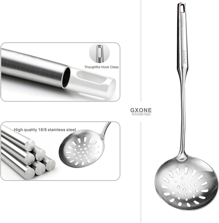 Skimmer Slotted Spoon,304 Stainless Steel Slotted Spoon, Handle Mesh Food Strainer Stainless Steel Colander with Hollow Handle Heat Resistant Cooking Tool,Silver/15.1Inch