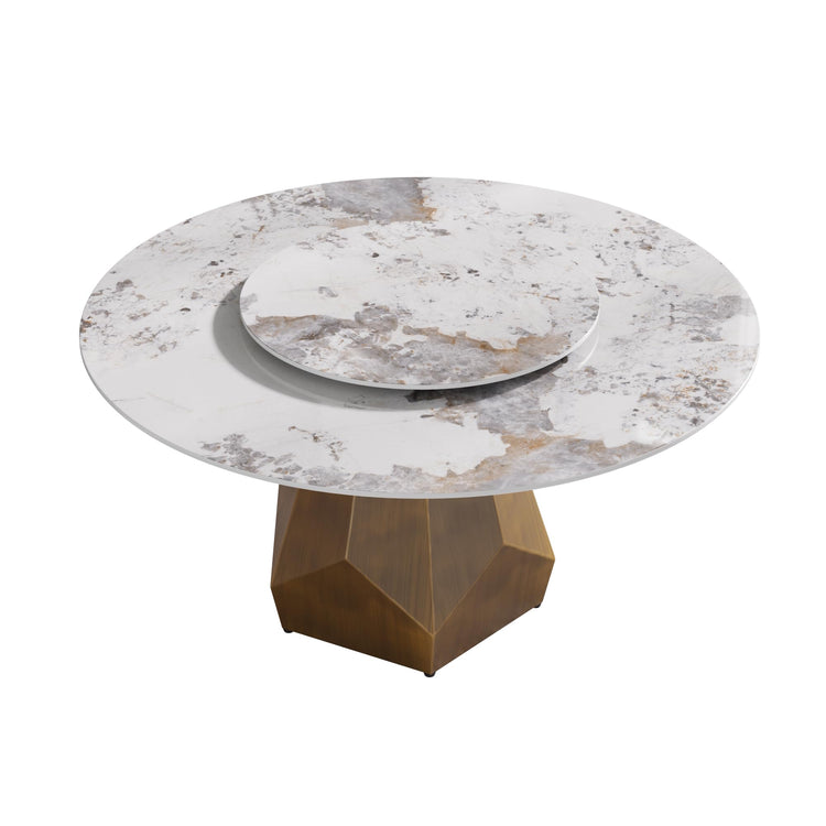 59" Modern Artificial Marble Round Dining Table with Antique Brass Metal Base & 31.5" White Sintered Stone Turntable