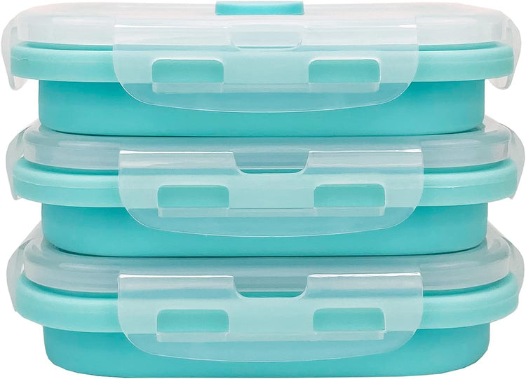 CCyanzi 3piece Collapsible Food Storage Containers with Lids, Silicone Lunch Container, Microwave & Freezer Safe, Space Saving for Kitchen Cabinet and Camping Backpack,(blue)