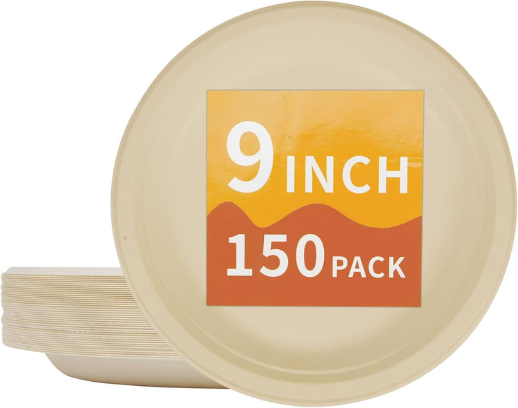 Compostable Paper Plates 9 Inch - 100% Biodegradable, Heavy Duty Eco-Friendly Disposable Plates for Camping,Parties, Weddings, BBQ (150 Pack) (9" Natural Brown)