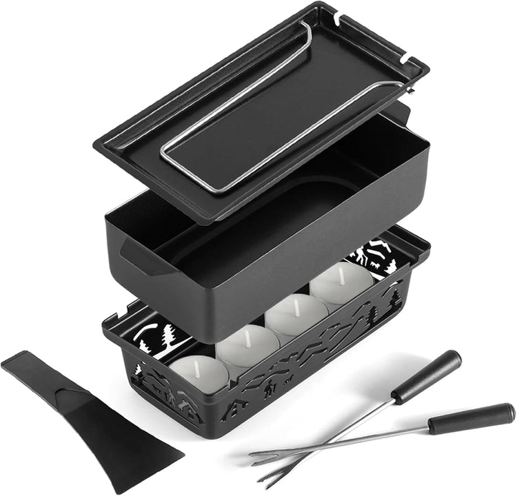 Swissmar Tandem Candle Fondue & Raclette Set - Portable 2-in-1 Tabletop Fondue Pot with Raclette Dish, Forks, Spatula & Tealight Candles