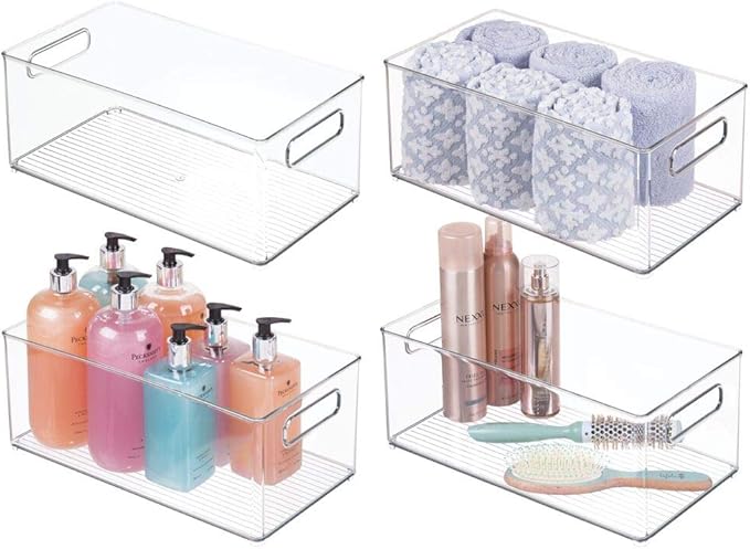 mDesign Plastic Bathroom Storage Container Bins w/ Handles - Closet, Cabinet, Vanity, Cupboard Shelf Organization, Hair Tools Accessory Organizer - Ligne Collection; Clear, 14.6x8.1x6 (Pack of 4)