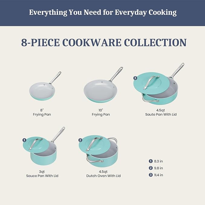CookinCraze Ceramic Cookware Set, Pots and Pans Set Nonstick with Lid PFAS & PFOA Free, Induction Compatible Oven Safe Up to 500°F Even Heat Distribution, Turquoise