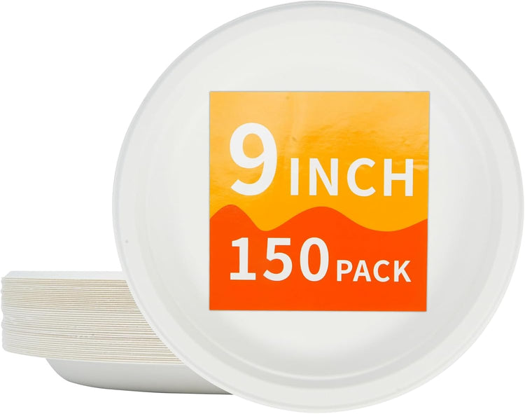 Compostable Paper Plates 9 Inch - 100% Biodegradable, Heavy Duty Eco-Friendly Disposable Plates for Camping,Parties, Weddings, BBQ (150 Pack) (9" White Plates)
