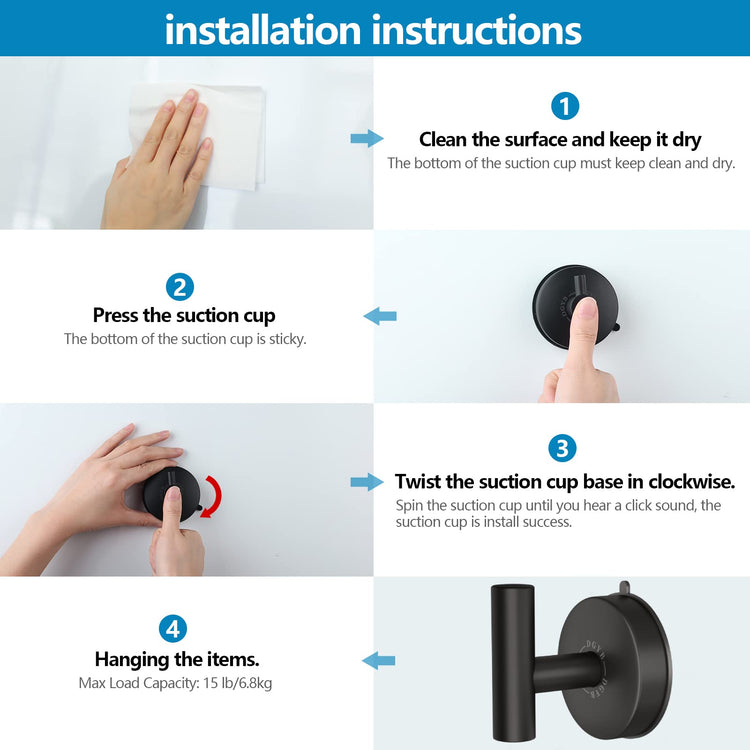 Large Suction Cup Hooks Black Stainless Steel Suction Shower Hooks for Loofah Set of 2 Towel Hook 11 Lb No Drill Hook for Bathroom (2 Count)