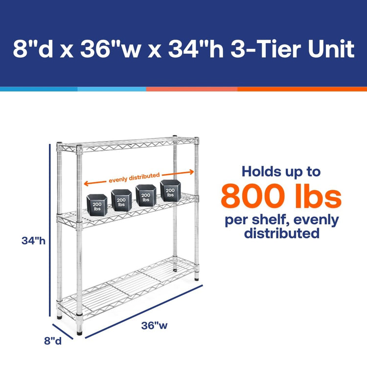 Shelving Inc. 8" d x 36" w Chrome Wire Shelving with 3 Tier Shelves
