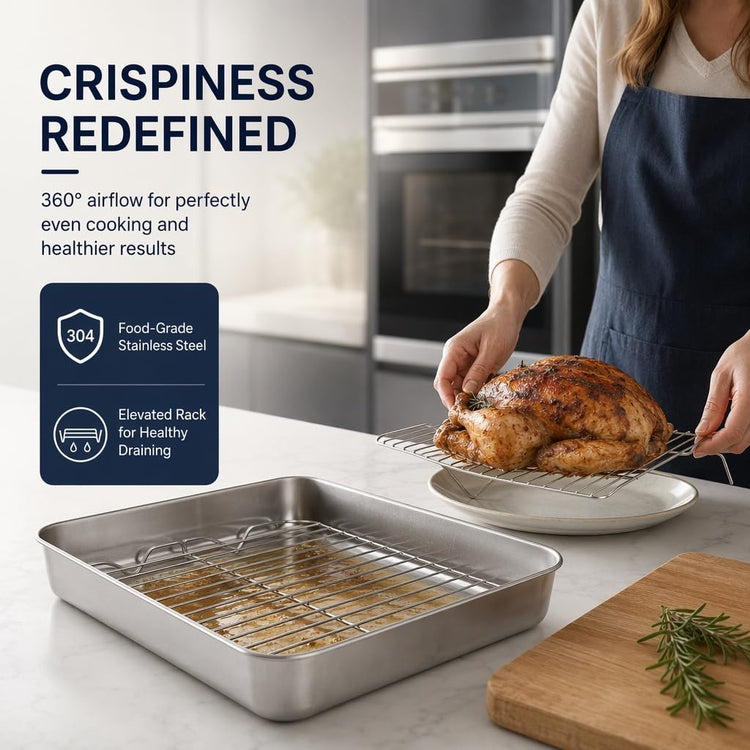 Stainless Steel Roasting Broiler Pan with Grill Rack 10.4×8.1×2inch