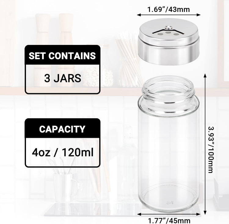 Segarty Spice Jar with Shaker Lids, 3 Pack 4 oz Glass Spice Jars with Adjustable Pour Large Holes, Empty Storage Seasoning Containers Spices Bottles Stainless Lid Salt Shakers for Kitchen Drawer