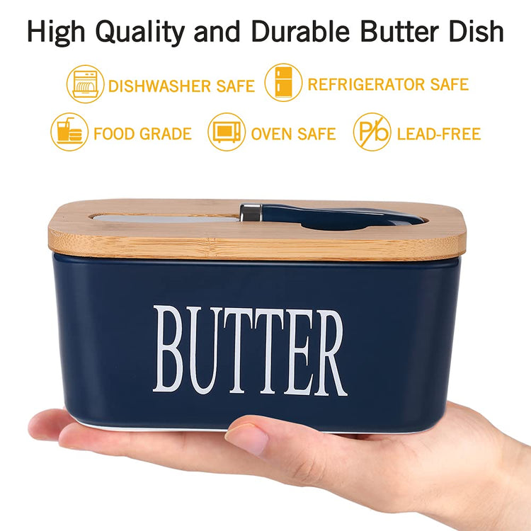 Ceramic Butter Dish with Bamboo Lid and Stainless Steel Knife Spreader