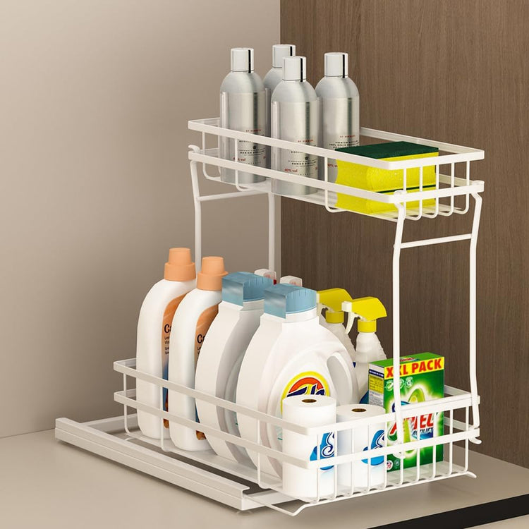 1 Pack Under Sink Organizers and Storage, 2 Tier Pull Out Cabinet Organizer, Metal Sliding Drawer Storage for Kitchen Bathroom,White