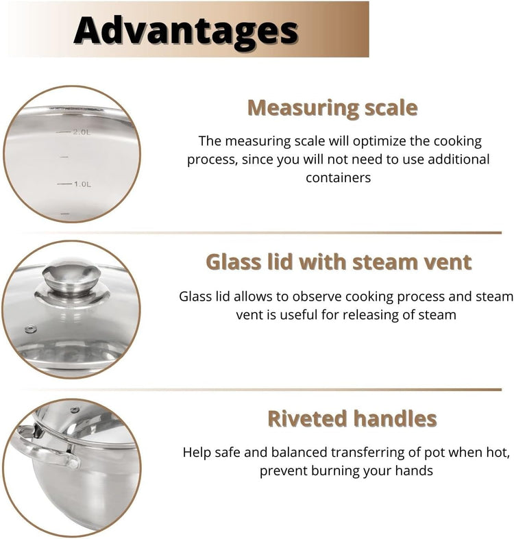 Daniks Classic Frying Pan Included, 12-Piece Stainless Steel Induction Cookware Set â Dishwasher Safe Pots and Saucepan with Lids, Measuring Scale, Silver
