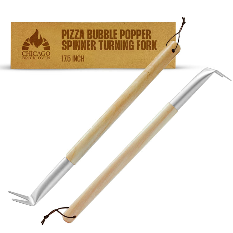 Pizza Bubble Popper Spinner Turning Fork Aluminum 17.5 inch with Wooden Handle and Leather Strap