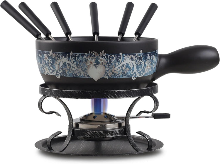 Artestia Swiss Fondue Set for Party - 2L Large Capacity Cheese Fondue Pot Melting Chocolate, Ceramic Fondue Pot, 6 Fondue Forks, Christmas, Wedding Gifts (Enchantment)