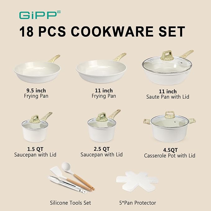 GiPP Ceramic Pots and Pans Set Non Stick - 18 Pcs Nonstick Cookware Set, Non-toxic Healthy Kitchen Cooking Set w/Frying Pans Set, Dishwasher Safe, PFAS PTFE PFOA PFOS Free, Cream White