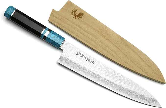 Yoshihiro VG-10 46 Layers Hammered Damascus Gyuto Japanese Chefs Knife Octagonal Turquoise Blue Handle 8.25" (210mm)
