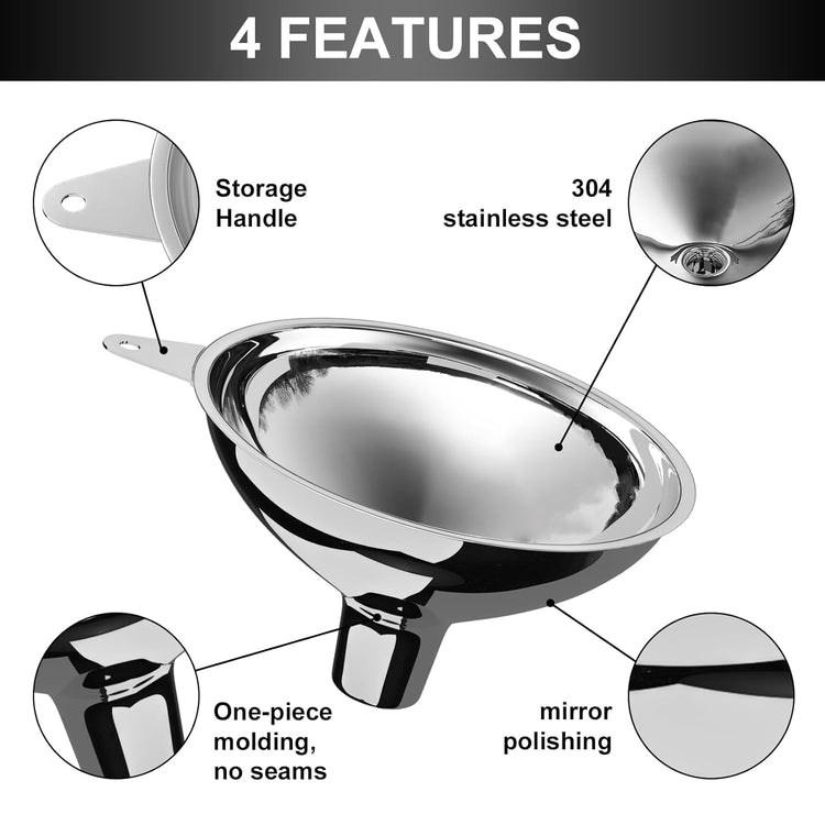 Stainless Steel Large Funnel with Filter (5.7 in. X 1 in. Mouth) with 50 mesh Stainless Steel Food Filter, Metal Funnel for Bottle Filling, Food Funnel for Oil, Juice, Coffee, Honey, Milk