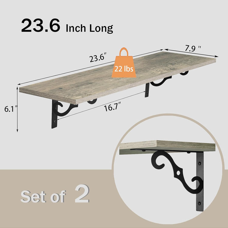 DINZI LVJ Long Wall Shelves, 23.6 Inch Large Floating Shelves Set of 2, Wide Display Shelf Wall Mounted with Brackets, Easy Hanging for Living Room, Toilet, Office, Bedroom, Gray Wash