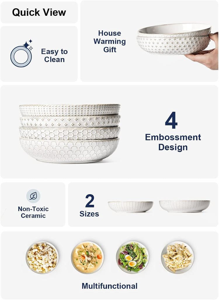 LE TAUCI Pasta Bowl 36 oz, Salad Bowl Serving Plate Bowls, Housewarming Wedding Present, Ceramic Embossment Bowl for Pasta, Fruits, Salad, Noodle, Dinner - 8 Inch, Set of 4, Arctic White