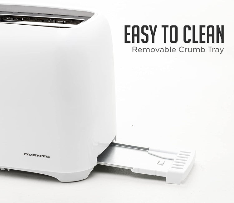 OVENTE Electric 2 Slice Toaster Machine with 6-Shade Browning Selector Setting, Compact Design and Removable Crumb Tray, 700W Power Perfect for Toasting Bread, Thin Bagels and Waffles, White TP2210WGY