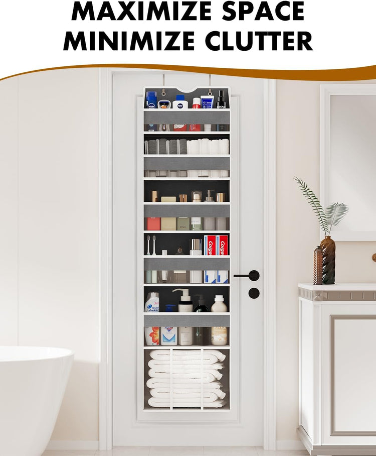 Over The Door Organizer Hanging - 6 Shelf Over Door Organizers with 6 Clear Front & 12 Side Pockets - Swing-proof 50LB Load Behind Door Storage for Closet Bedroom Bathroom Nursery Baby Essentials