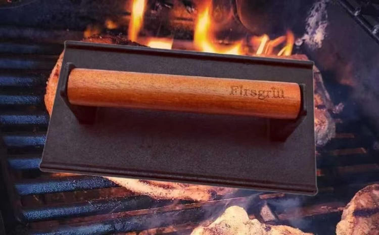 Burger Press 7.08" Round & 8.3”X4.3”Rectangle Heavy-Duty Cast Iron Smash Meat Steak With Wood Handle for Blackstone Camp chef Pitboss Weber Treager Griddle Grills (Round & Rectangle)