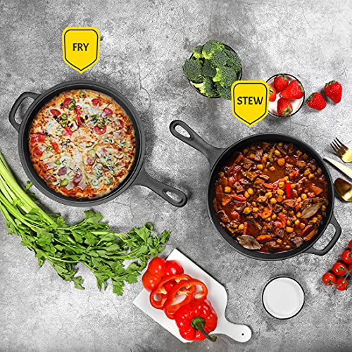 2-in-1 Pre-Seasoned Cast Iron Dutch Oven Pot with Skillet Lid Set, 10" Skillet 3QT Pot for Cooking, Baking, Frying and Camping (3QT)
