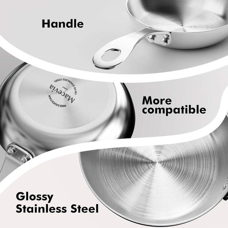 Macevia Mini 0.12QT Sauce Pan,18/10 Stainless Steel Butter Warmer Small Pot Cooking with Handle, Multipurpose Use for Home Kitchen or Restaurant (4 Inch) - Silver