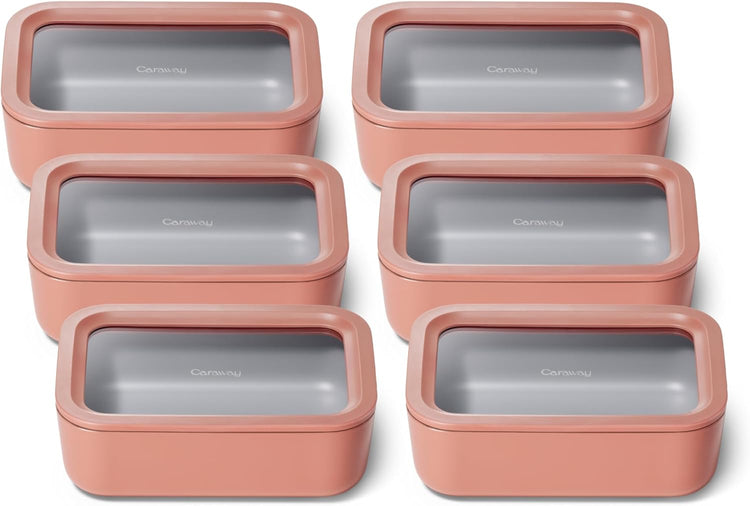 Caraway 6pc Glass Food Storage Set – 6.6 Cup Food Containers (6) - Ceramic Coated - Non Toxic, Non Stick with Lids - Microwave Safe - Perracotta