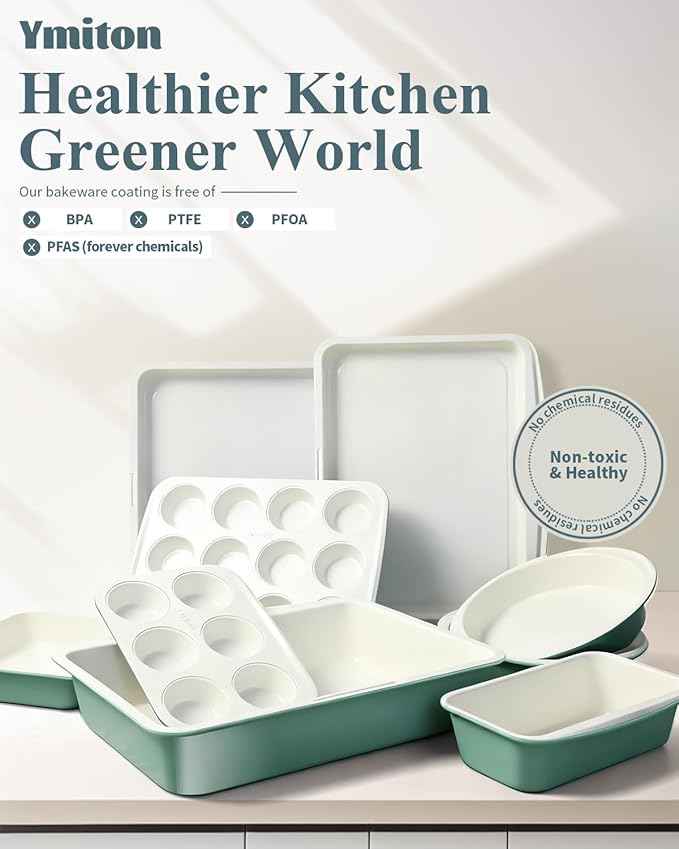 Ceramic Nonstick Baking Pans Set, Non Toxic 33 PCS Stackable Bakeware Sets, 550°F Oven Safe Baking Sheet & Pans, Warp-Free, Dishwasher Safe, PTFE/PFOA/PFOS-Free (Green)