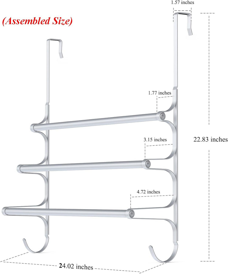 Over The Door Towel Rack, Triple Towel Storage Holder with Hooks, 24.02 Inches Towel Bar Hanger Towel Racks for Bathroom (Silver)