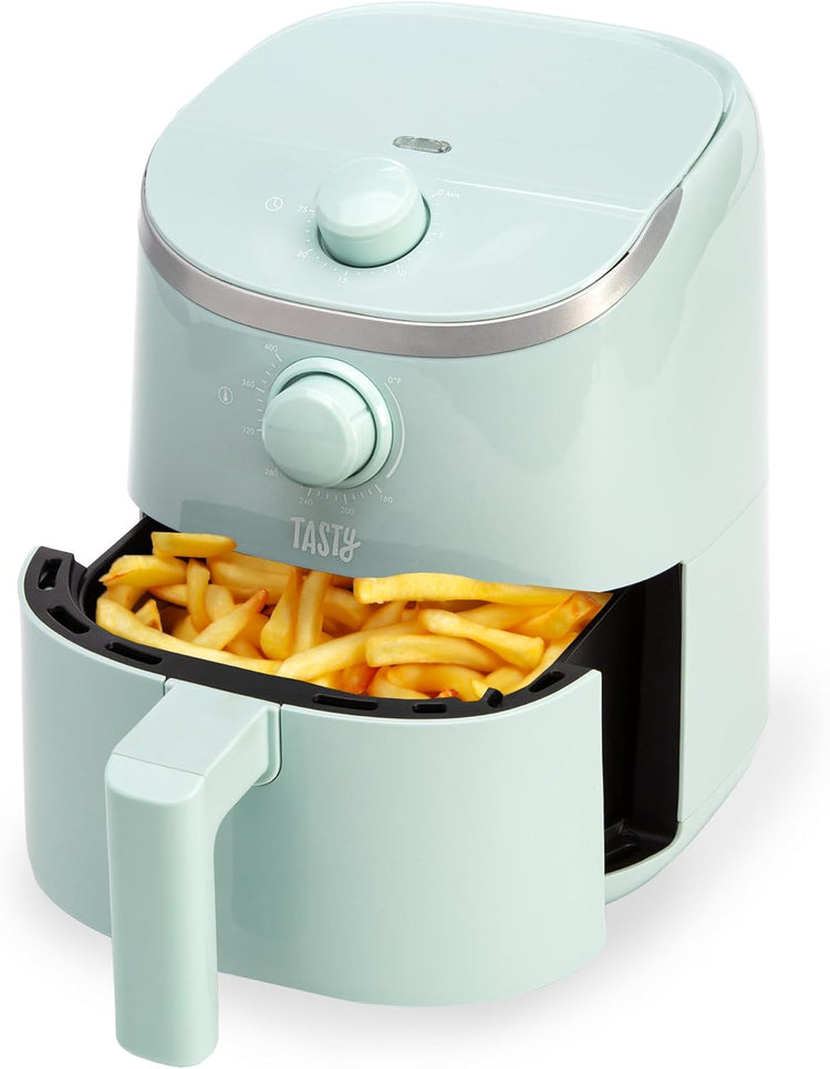 Tasty Personal Air Fryer, Healthier Meals in Minutes, Adjustable Temp Control up to 400°F, Easy-to-Use Design, Nonstick Basket and Tray Made without PFAS, PFOA, PFOS & PTFE, 900 Watts, 2-Quart, Aqua