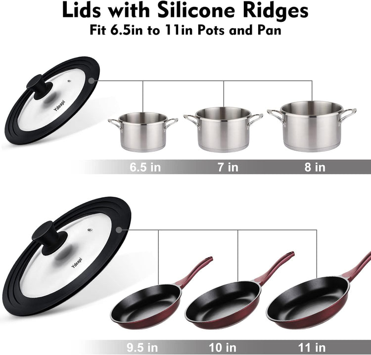 Universal Lids for Pots, Pans & Skillets - Fits 6.5", 7" & 8" Diameter, 9.5", 10" & 11" Diameter Cookware,Tempered Glass with High Heat Resistant Silicone Rim-2PK Cookware(2PK)