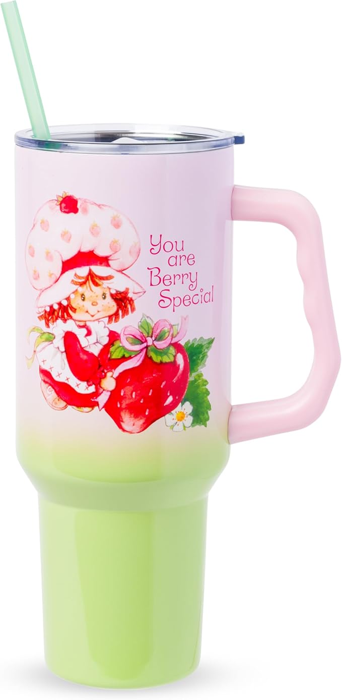 Silver Buffalo Strawberry Shortcake You Are Berry Special Vintage Pink and Green Ombre Double Walled Stainless Steel Tumbler with Handle and Straw, Fits in Standard Cup Holder, 40 Ounces