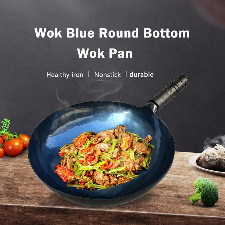shuoguoleilei Chinese Hand Hammered Iron Woks Set, Non-stick No Coating Preseasoned Wok Blue Round Bottom Wok Pan For Electric, Induction and Gas Stoves (Blue Black-14)