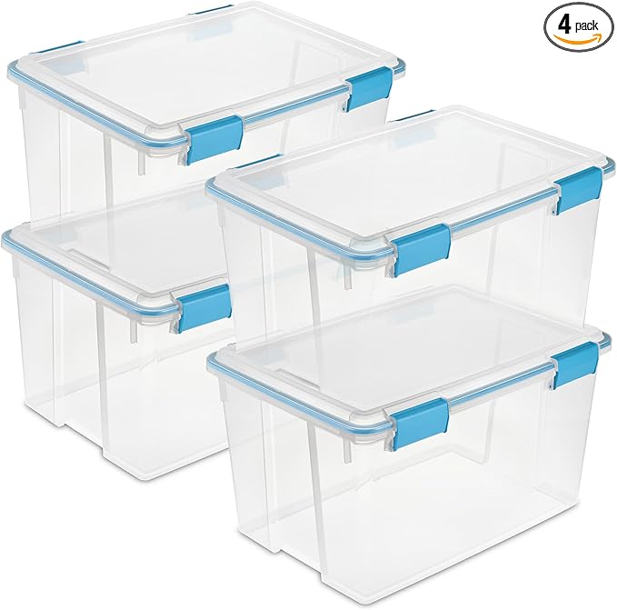 Sterilite 4 Pack Gasket Box, Weather-Resistant Storage Bins with Latching Lids, 54 Quart - Heavy-Duty Organizing Containers for Closet, Bathroom, and Office
